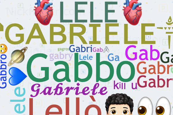 Nicknames for Gabriel: 𝙶 𝙰 𝙱 𝚁 𝙸 𝙴 𝙻 シ, ꧁༒☬Gabriel☬༒꧂, ™꧁࿇₲卂乃尺ɨɆⱠ༒꧂,  ꧁༒☬Ǥα多rͥΐeͣlͫ🎋☬༒꧂, 🍁☆𝔊𝔞𝔟𝔯𝔦𝔢𝔩☆🍁