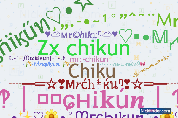 Nicknames for MrChikun: Mr chikun, mr:-chikun, MR.CHIKUN 44 