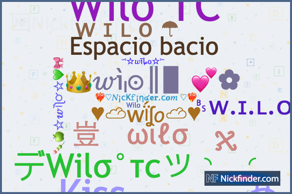 Nicknames for Wilo: デWilσ°тcッ◝‿◜, ᴡ ɪ ʟ o ☂︎, ␈ᴡ.ɪ.ʟ.ᴏ, Espacio bacio, 豈  ωιℓσ ჯ